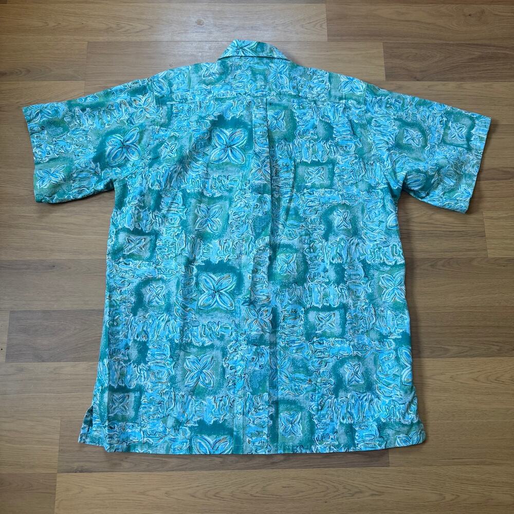 Vintage 90's Go Barefoot Trader Joes Uniform Blue Hawaiian Floral Polo Shirt L - Picture 7 of 9